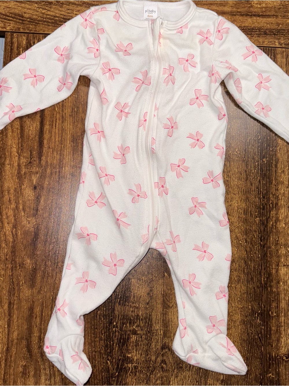 Pink Bow Print Footed One-Piece Zipper Onesie 6M